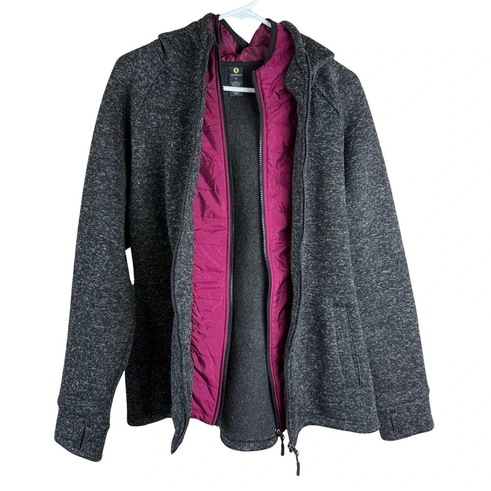 Xersion Full‎ Zip Fleece Hoodie Jacket Womens XL Gray Quilted Lined Gorpcore XL